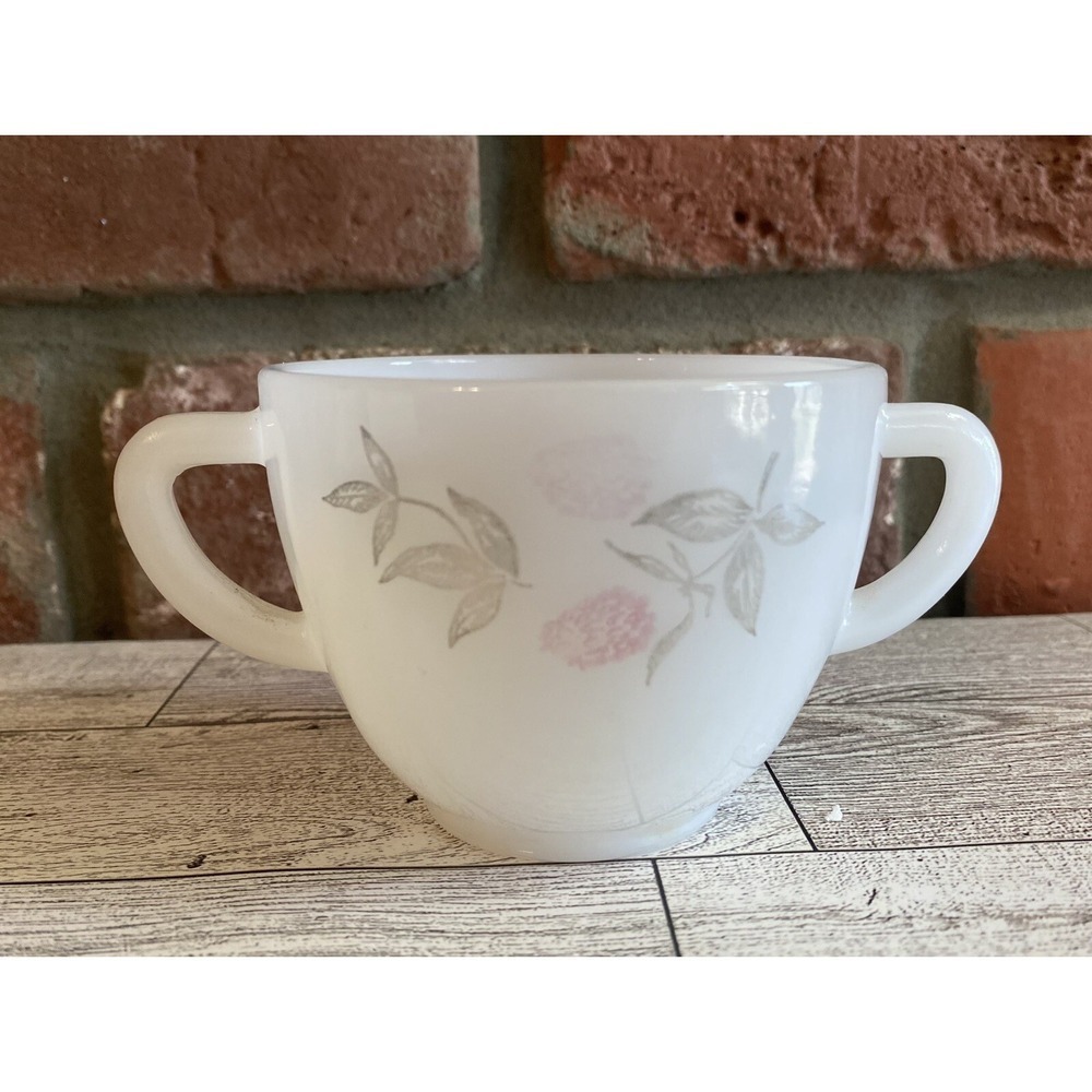 Vintage Federal Milk Glass Clover Blossom Open Sugar Bowl Pink Flower (NO LID)